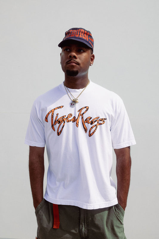 Tiger Rags Script Tiger Stripe Tee